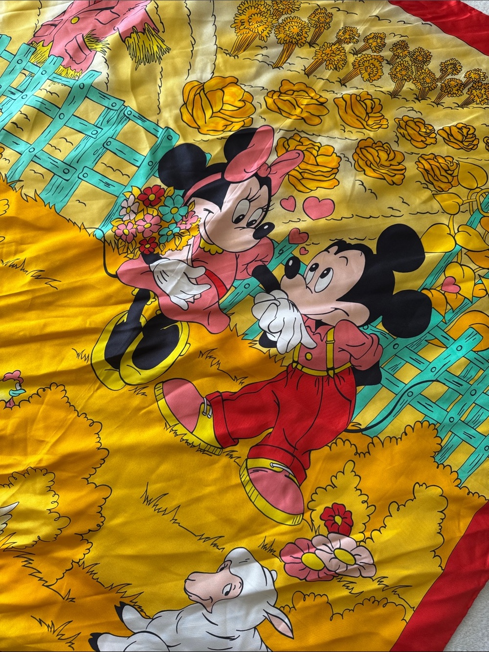 Vintage Handmade Disney Mickey Minnie Silk Scarf Red Yellow Farm Scene Chic - Picture 2 of 11